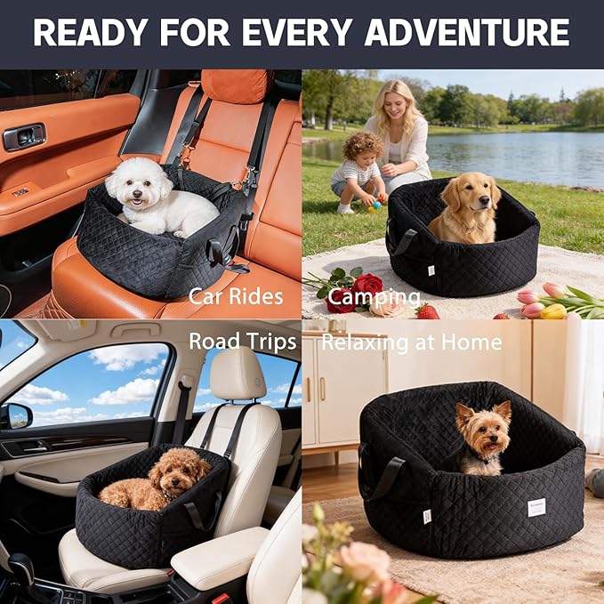Elevated Dog Booster Seat for Small Dogs, Pet Travel Bed with Safety Leash, Anti-Slip Base, Soft Velvet, Removable Washable Cover, Secure for Pets Up to 30 lbs