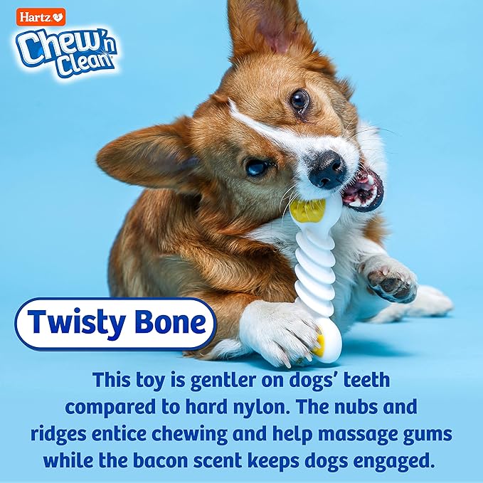 Hartz Chew ‘n Clean Twisty Bone Dog Chew Toy, Bacon Scented Chew Toy for Moderate Chewers, Small/Medium, Color Varies (Pack of 2)
