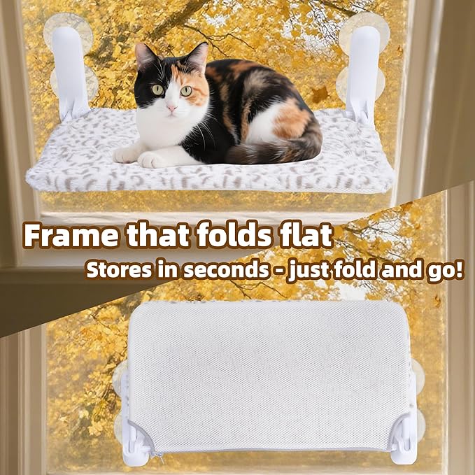 Cat Window Perch, Cordless Foldable Cat Hammock Bed with 4 Suction Cups, Embeded Machine Washable Bed for Indoor Cats, Strong Metal Frame Holds 40lbs (Leopard Print)