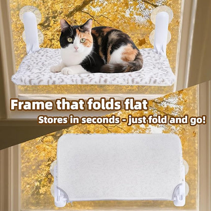 Cat Window Perch, Cordless Foldable Cat Hammock Bed with 4 Suction Cups, Embeded Machine Washable Bed for Indoor Cats, Strong Metal Frame Holds 40lbs (Leopard Print)