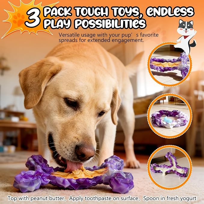 3 Pack Dog Chew Toys for Aggressive Chewers,Indestructible Dog Toy for Medium Large Dogs, Durable Chew Toys to Keep Dogs Busy,Super Chewer with Tough Nylon, Reduce Boredom & Anxiety（Bacon Flavored）