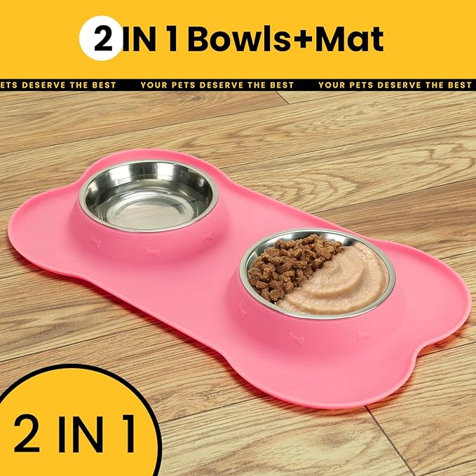 Stainless Steel Dog Bowls with Non-Slip Silicone Mat, Spill Proof Food & Water Bowls Set, Easy Clean Puppy Food Dish, Dishwasher Safe, Suitable for Dogs Cats Pet Under 20lbs, Small, Pink
