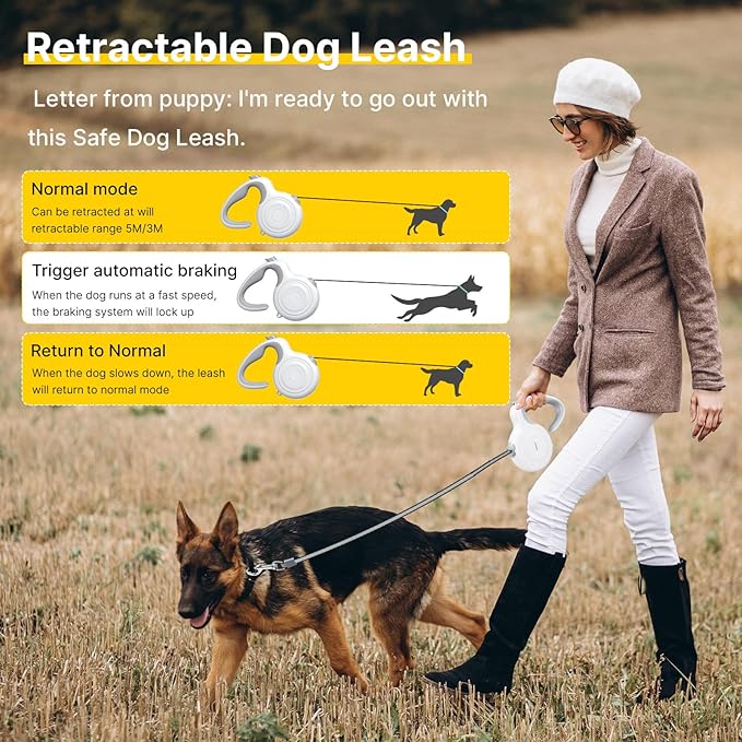 16Ft Auto-Brake Retractable Dog Leash for Middle Large Dogs 360° Tangle-Free Strong Nylon Tape and Ergonomic Anti-Slip Soft Handle One-Handed Brake Pause Lock