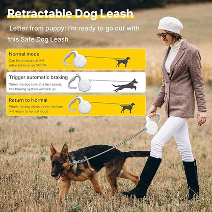 16Ft Auto-Brake Retractable Dog Leash for Middle Large Dogs 360° Tangle-Free Strong Nylon Tape and Ergonomic Anti-Slip Soft Handle One-Handed Brake Pause Lock