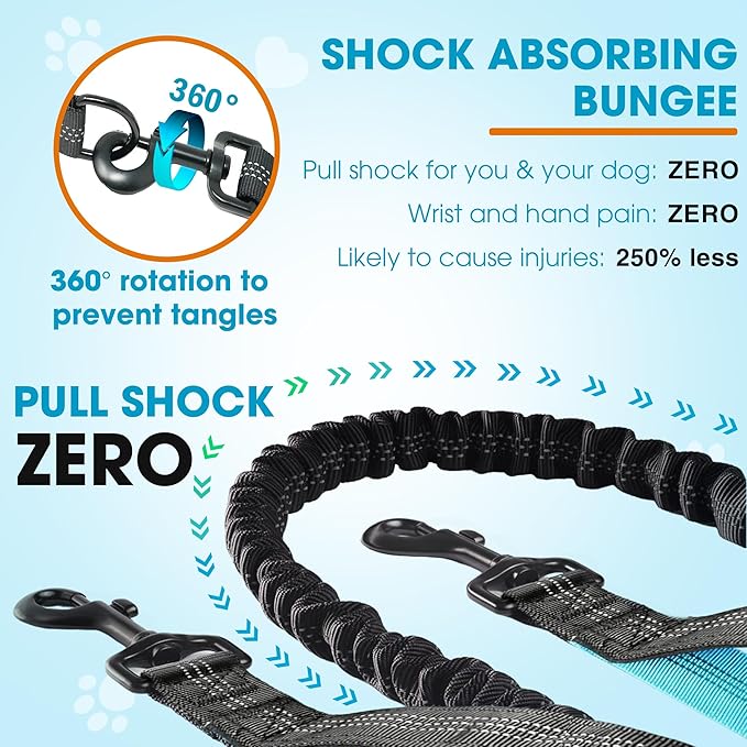 Hands Free Dog Leash with Waist Belt – No-Pull Bungee, Dual Padded Handles & Zipper Pouch for Running, Walking & Training – Adjustable Waist Leash for Large & Medium Dogs (Black)