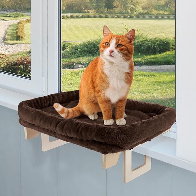 Cat Bed for Window Sill - Cat Window Perch with Bolster and Removable Washable Cover - Window Hammock with Sturdy Wood Frame for Large Cats - Pet Beds for Indoor Cats by PETMAKER (Brown)