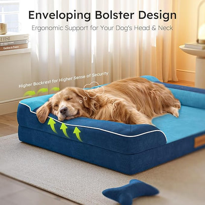 Extra Large Dog Bed, Orthopedic Dog Bed with Cooling Gel Memory Foam, Waterproof XL Pet Bed with Removable Washable Cover, 42" Pet Sofa Couch Dutch Velvet with Bone Toy, Navy Blue