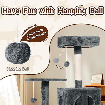 54 Inch Multi-Level Cat Tree Tower with Hammock, Condos & Scratching Posts, Large Cat Furniture for Indoor Cats with Pompoms, Dark Grey
