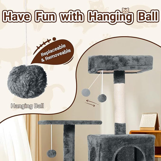 54 Inch Multi-Level Cat Tree Tower with Hammock, Condos & Scratching Posts, Large Cat Furniture for Indoor Cats with Pompoms, Dark Grey