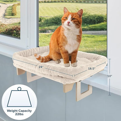 Cat Bed for Window Sill - Cat Window Perch with Bolster and Removable Washable Cover - Window Hammock with Sturdy Wood Frame for Large Cats - Pet Beds for Indoor Cats by PETMAKER (Cream)