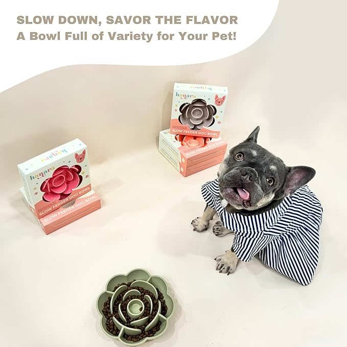Hanara Sillicone Slow Feeder Dog Bowls & Lick Mat with Suction Bottom | Rose Petals Design | Promotes Better Digestion, Prevent Choking | Dish Washer Safe | Great Size for All Breed (Sage Green)