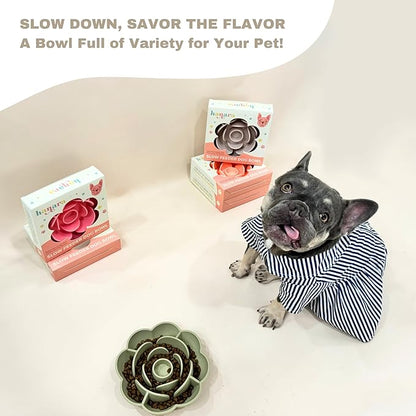 Hanara Sillicone Slow Feeder Dog Bowls & Lick Mat with Suction Bottom | Rose Petals Design | Promotes Better Digestion, Prevent Choking | Dish Washer Safe | Great Size for All Breed (Sage Green)