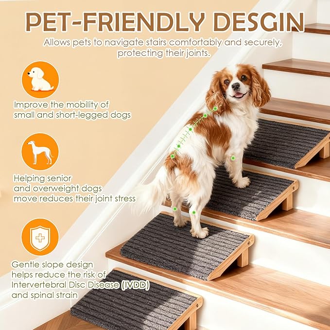 2-Pack Foldable Dog Ramp for Stairs – Lightweight Safe Wooden Pet Steps with Low-Angled Design & Anti-Slip Carpet Surface, Portable Dog Stairs to Assist Elderly/Injured Small Medium Large Dogs