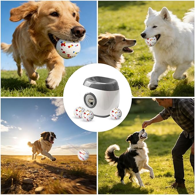 Automatic Dog Ball Launcher with 6pcs 2.5Inch ETPU Balls, White, Adjustable Distance 20-45ft, USB Rechargeable, Interactive Pet Toy-Blue (Grey-XL)