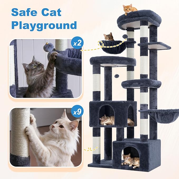 Hey-brother Cat Tree, 67.3 Inches Tower with 3 Soft Platform Beds, 2 Large Condos, 9 Sisal Scratching Posts, 2 Hammocks and Toys, Multi-Level Step House for Multiple Indoor Kittens, Smoky Gray MPJ084G