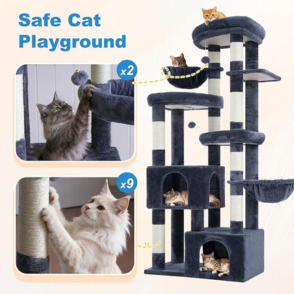 Hey-brother Cat Tree, 67.3 Inches Tower with 3 Soft Platform Beds, 2 Large Condos, 9 Sisal Scratching Posts, 2 Hammocks and Toys, Multi-Level Step House for Multiple Indoor Kittens, Smoky Gray MPJ084G