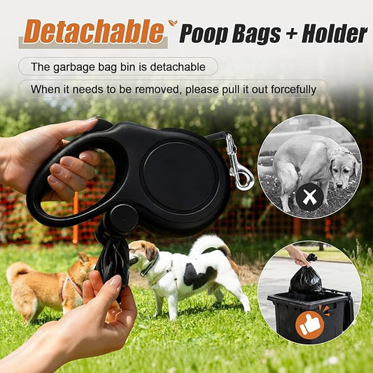 BIGNADO 26ft/8m Retractable Dog Leash with Poop Bag Holder for Medium Large Dogs Up to 110lbs/50kg, Heavy Duty Dog Walking Leash with Anti-Slip Grip, No-Tangle Leashes, One-Handed Lock - Black