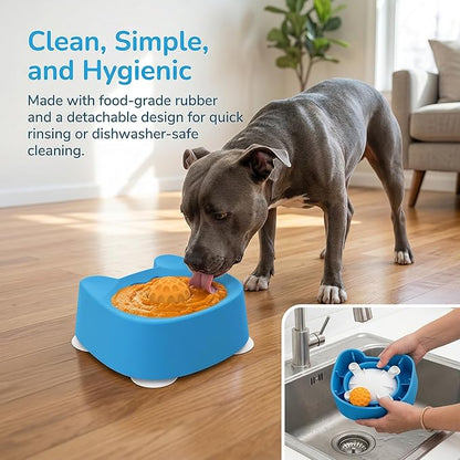 Dog Lick Bowl for Liquid Treats with 4 Powerful Suction Cups, Slow Feed Dog Bowl with Rolling Core, Food‑Grade Rubber Licking Bowl for Bone Broth & Yogurt,Anti‑Slip Base for Puppies and Dogs (Blue)