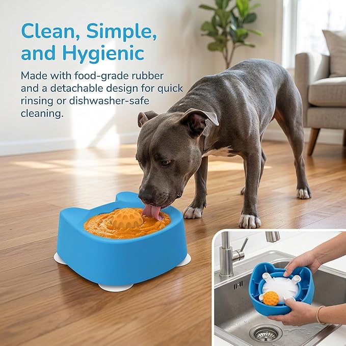 Dog Lick Bowl for Liquid Treats with 4 Powerful Suction Cups, Slow Feed Dog Bowl with Rolling Core, Food‑Grade Rubber Licking Bowl for Bone Broth & Yogurt,Anti‑Slip Base for Puppies and Dogs (Black)
