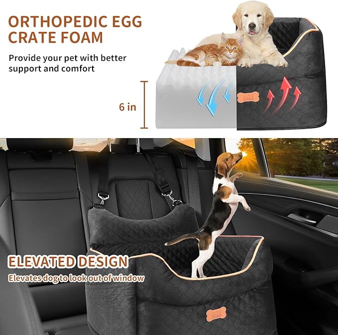 Dog Car Seat - Memory Foam Dog Booster Seats for Small Dogs Up to 25lbs-Elevated Pet Car Seat with Storage Pockets and Dogs Seat Belt-Pet Travel Bed for Front & Back Seats-Removable Washable-Black