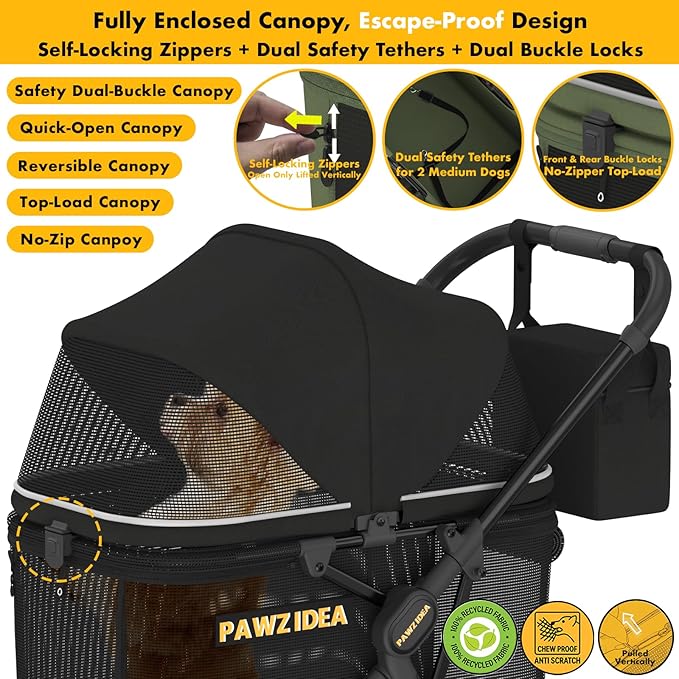 PAWZIDEA Dog Stroller for Large Dogs up to 80 lbs, Lockable No-Zip 180° Reversible Canopy, One-Hand Foldable Pet Stroller for 2 Medium Dogs, All-Terrain Jogger Wheels, Storage Organizer, Chew-Proof
