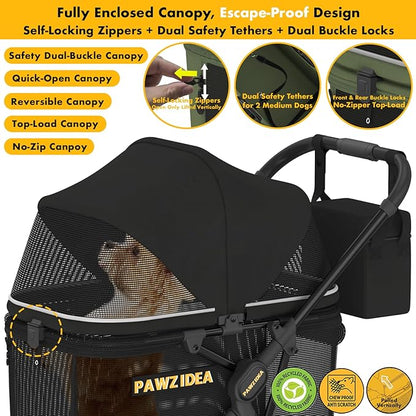 PAWZIDEA Dog Stroller for Large Dogs up to 80 lbs, Lockable No-Zip 180° Reversible Canopy, One-Hand Foldable Pet Stroller for 2 Medium Dogs, All-Terrain Jogger Wheels, Storage Organizer, Chew-Proof