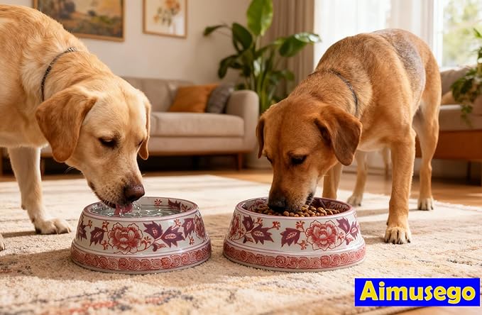 Aimusego 25 FL OZ / 3.2 Cups Handpainted Ceramic Dog Bowl, Purple and White Chinoiserie Floral Vintage Cute Heavy Duty Non-Slip Pet Feeding Dish for Medium Dogs-Dishwasher, Microwave Safe
