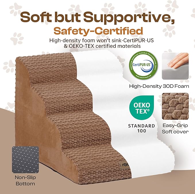 Extra Wide 4 Steps Dog Stairs for Bed & Couch 18" H, More Stable Non-Slip Dog Ramps with Gentle Slopes, Stylish Indoor Pet Steps for Medium & Large Dogs, Coffee