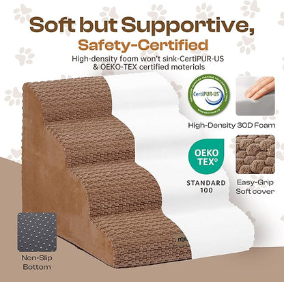 Extra Wide 4 Steps Dog Stairs for Bed & Couch 18" H, More Stable Non-Slip Dog Ramps with Gentle Slopes, Stylish Indoor Pet Steps for Medium & Large Dogs, Coffee