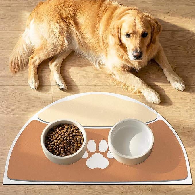 Pet Feeding Mat 28''x17'', Quick Dry & Absorbent Pet Mat for Water Bowl, Anti-Scratch Cat Mats for Food Bowls for Feeding Stations, Large Cat Dog Food Bowl mat for Indoor & Outdoor Use, Tan & Beige