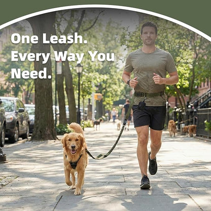 6-in-1 Hands-Free Dog Leash, Waist & Crossbody Bungee Lead with Dual Padded Handles, Bungee Shock Absorbing, Seat Belt Buckle, Reflective for Small Medium Large Dogs, Green
