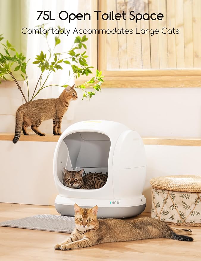 MeoWant Self-Cleaning Cat Litter Box, 75L Extra Large Open Automatic Cat Litter Box for Multi Cats, Integrated Safety Protection/APP Control/Odor Removal Smart Box with Mat & Liner (Gray)