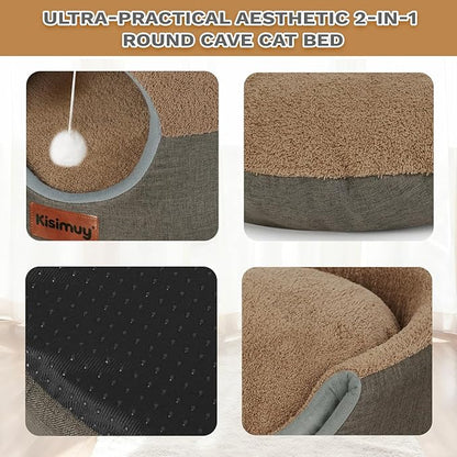 Cat Bed Cave for Indoor Cats, 2-in-1 Foldable Cat Cave & Lounge Bed with Reversible Cushion, Calming Anti-Anxiety Enclosed House for Small Dogs & Puppies, Donut Cozy Hideaway, 17.5 Inches (Brown)