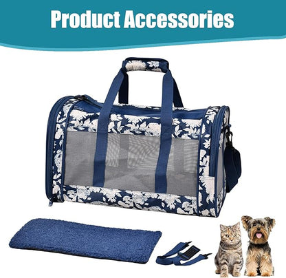 Soft-Sided Kennel Pet Carrier for Small Dogs, Cats, Puppy, Airline Approved Cat Carriers Dog Carrier Collapsible, Travel Handbag & Car Seat (Blue White Floral, 19" L x 11" W x 11" H)