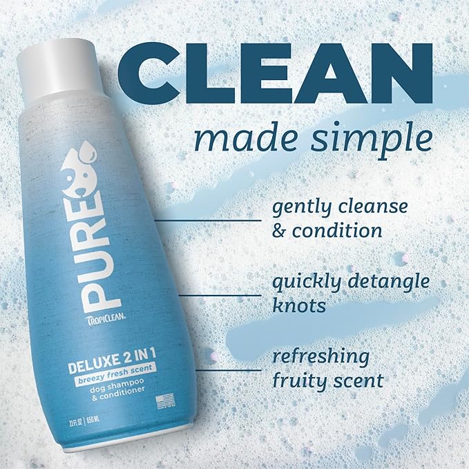 TropiClean Pure 2-in-1 Dog Shampoo and Conditioner, Reduces Tangles & Softens Coat, Fruity Fresh Scent, Made in the USA, Safe for Puppies, 20oz.