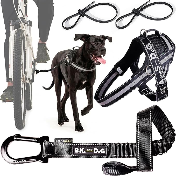 BIKE AND DOG - Dog Leash and Harness for Bicycle, Harness with 3 Rings, 2 are Sides, Includes 2 Special Cable Ties for Bicycle. Patented. (Black, Leash & Harness XL)