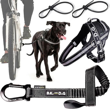 BIKE AND DOG - Dog Leash and Harness for Bicycle, Harness with 3 Rings, 2 are Sides, Includes 2 Special Cable Ties for Bicycle. Patented. (Black, Leash & Harness XL)