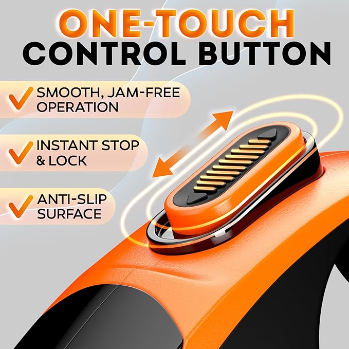 Retractable Dog Leash 18.2 ft – Chew Proof Cable Included – 360° Tangle-Free Design – Heavy Duty Reflective Leash – Soft Anti-Slip Grip Outdoor Daily for Small & Medium Dogs up to 50 lbs (Orange)