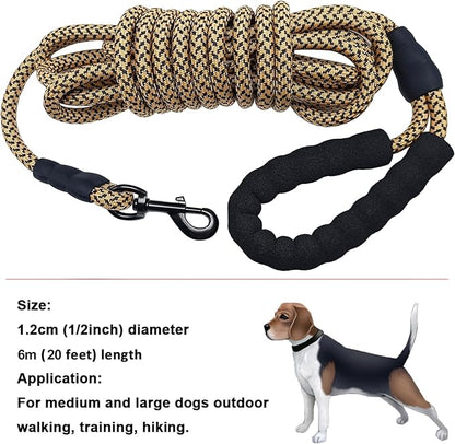 MayPaw 20ft Rope Dog Leash 1/2 inch Thick, 6/8/10/15/20FT Long Dog Lead Nylon Pet Leash, Soft Padded Handle Thick Lead Leashes for Large Medium Dogs Walking Training (Brown)