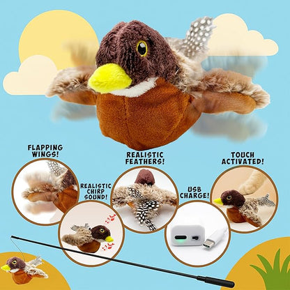 Cat Toys Flapping Bird (No Flying), Life-Like Bird Chirp Tweet, Rechargeable Touch Activated Kitten Toy Interactive Cat Exercise Toys for All Breeds