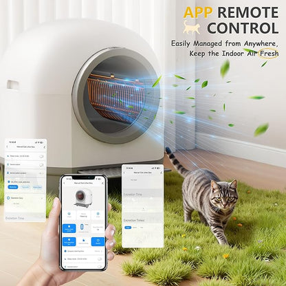 WARCAT Self Cleaning Litter Box Automatic, 90 L Automatic Cat Litter Box for Multiple Cats APP-Controlled with Smart Sensors, Safety Protection,Mat,1 Roll Garbage Bag (Gray)