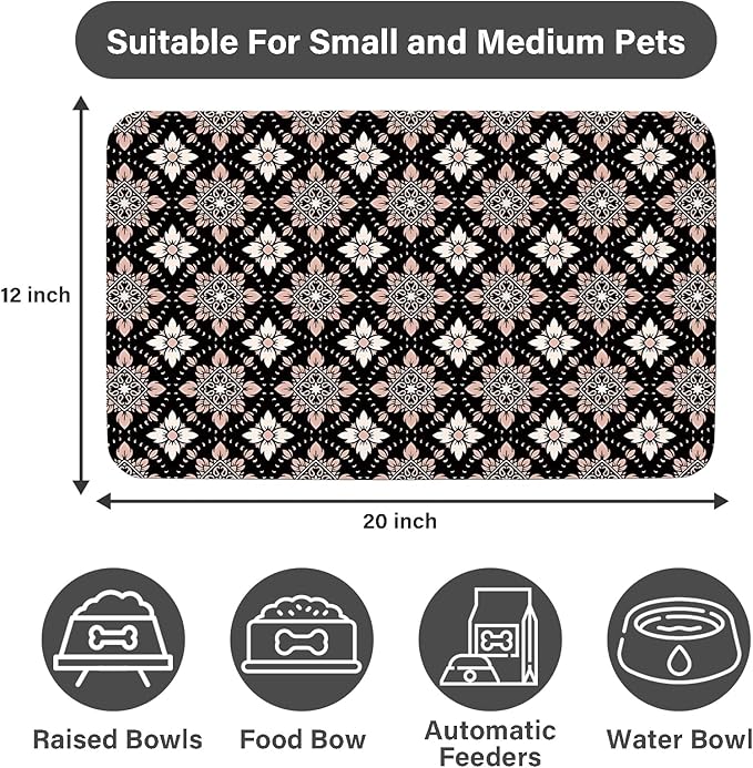 Patterned Cat & Dog Bowl Mat for Food and Water, 12"×20" Quick Dry Absorbent Pet Feeding Mat, Eco-Friendly Dog Placemat