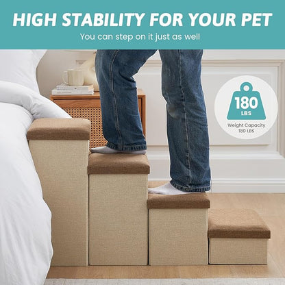 Dog Stairs with Storage, 3-Step Wider Sturdy Dog Steps for Small/Medium/Large Dogs and Older Cats, Folding Doggie Ramp for Bed/Couch/Car Hold Up to 180 lbs (16.7" H, Brown)