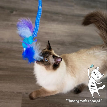 Catstages Tail Teaser Air Prey Cat Wand Toy for Indoor Cats, Interactive Cat Toy with 2 Feathered Catnip Toys, Crinkle Sounds, and Durable Rope for Leaping Play, Blue
