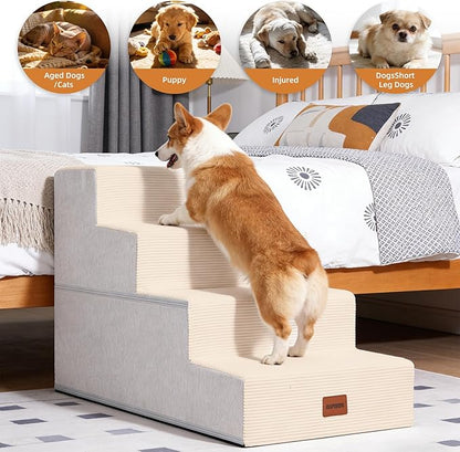 Dog Stairs for Small Dogs, 18" H, 4-Step Pet Steps for High Beds or Couches, Non-Slip Balanced Pet Ramp for Medium Cats,Indoor Dog Ladder, Beige