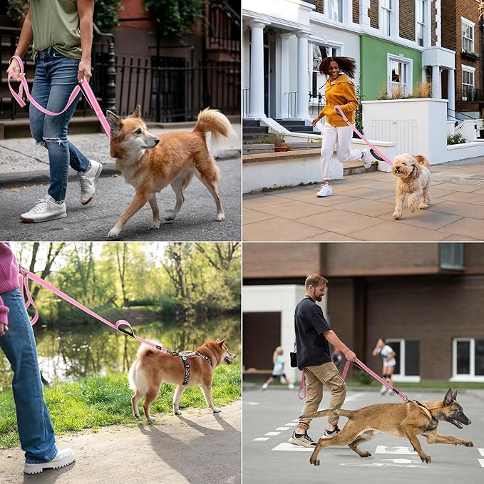 6 Foot Pink Dog Leashes for Large Medium and Small Breed Dogs That Pull,Reflective Nylon Heavy Duty Dog Leash with 2 Comfortable Padded Traffic Handles and Car Seat Belt for Walking and Training