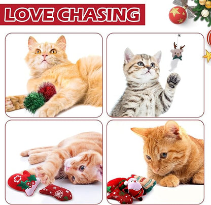 Syhood 18 Pcs Christmas Cat Stocking Toys Catnip Toys Set, Include Kitten Interactive Wand Toy Cat Chew Toy Teaser Wand Teething Mouse Santa Fish Ball Feather Toy Christmas Hanging Stocking for Pet