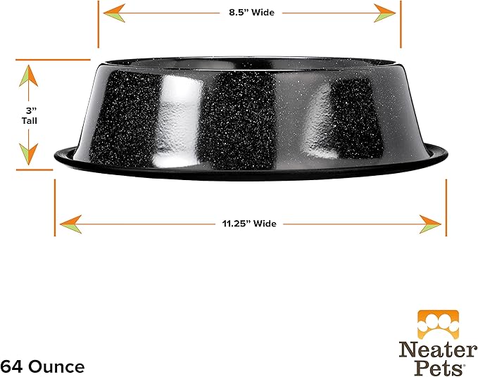 Neater Pet Brands - Outdoor Camping Style Pet Bowl - Enamel Ware Blue Black Granite Colors - Dog Cat No Tip Skid Bowls (64 oz, Black)
