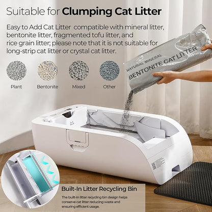 Self Cleaning Litter Box,Open-Top Automatic Cat Litter Box APP Control (2.4G/5G) with Health Tracking, Dual Safety Sensors&Odorless Design,Includes cat Litter & 3 Rolls Waste Bags(NO Tent)