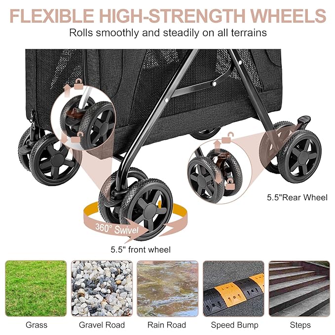 Double Pet Stroller with Detachable Carrier for Medium Small Dogs and Cats, Lightweight Dog Stroller Travel Carriage with No-Zip Canopy Storage Basket One-Click Folding and One-Foot Brake